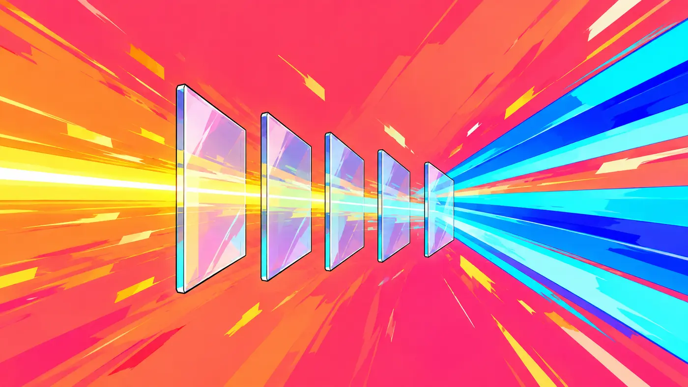 Yellow light passes through layered optical films and emerges as blue beams; conceptual research artwork.