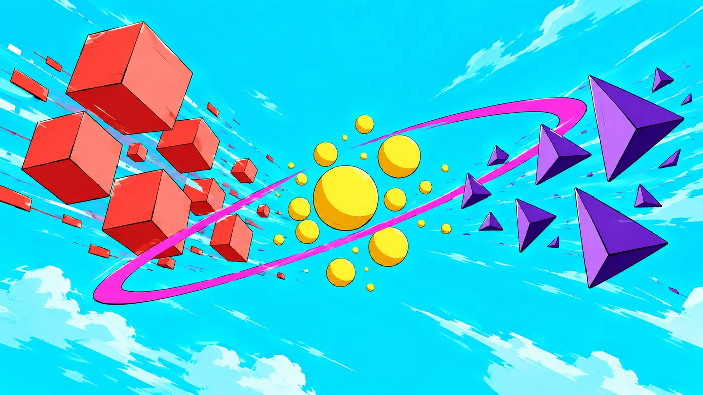 Red cubes, yellow spheres and purple prisms joined by a magenta calibration curve; conceptual research artwork.