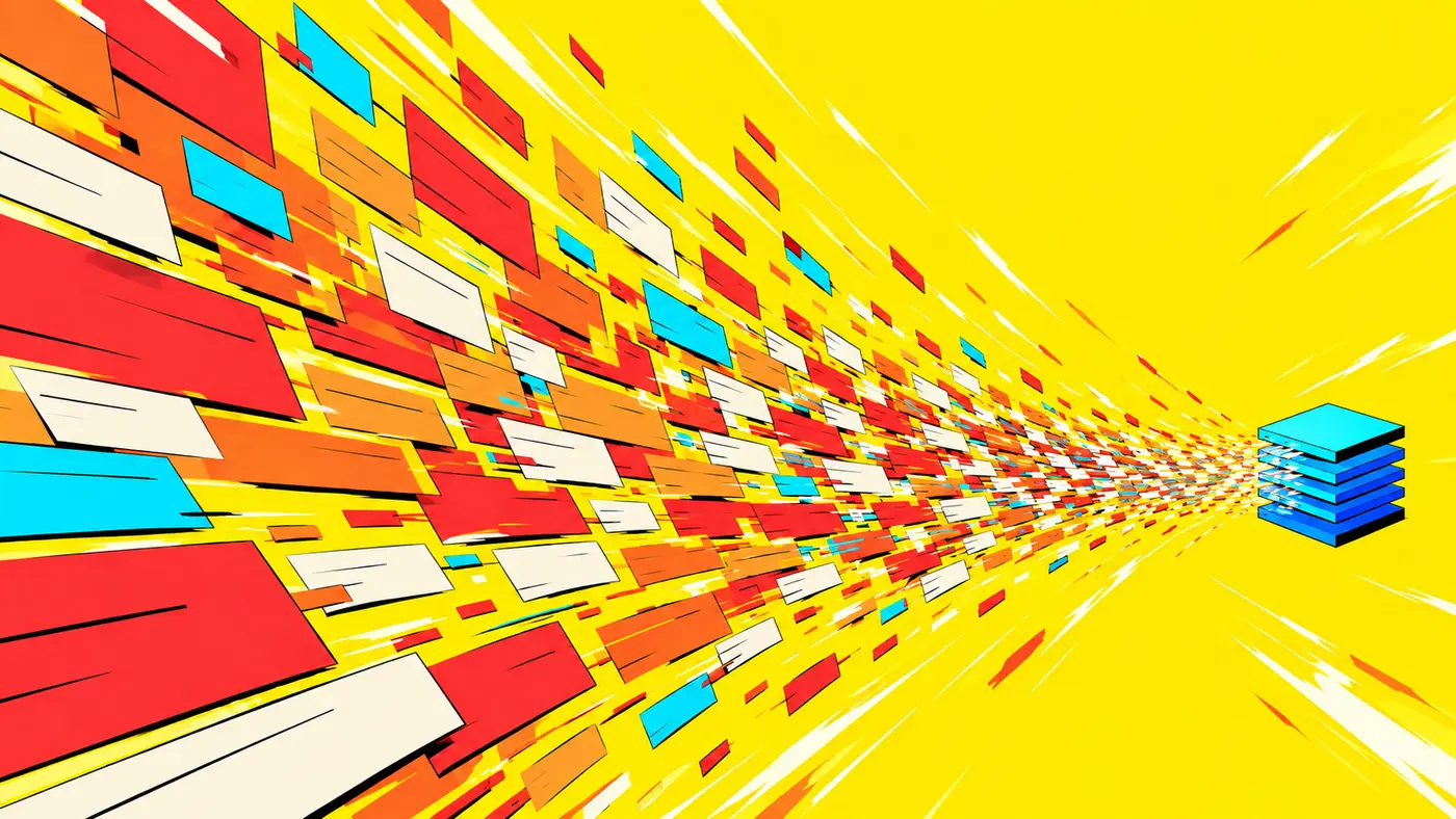 Orange and red behavior streams converge into a blue memory cache on yellow; conceptual research artwork.